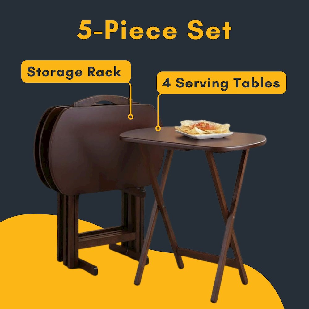 Antique Walnut 5 Piece TV Snack Trays Set And Storage Stand