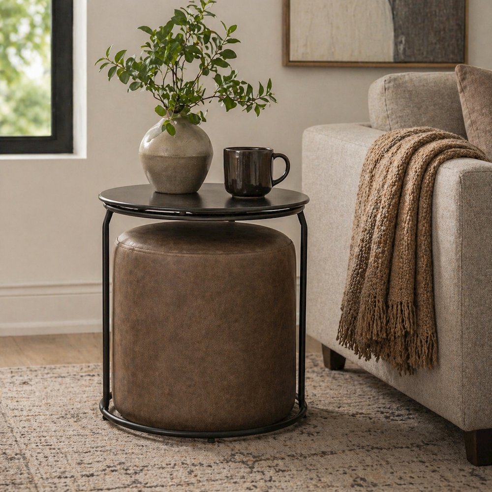 Modern black and grey nesting table and ottoman set with glass and metal accents