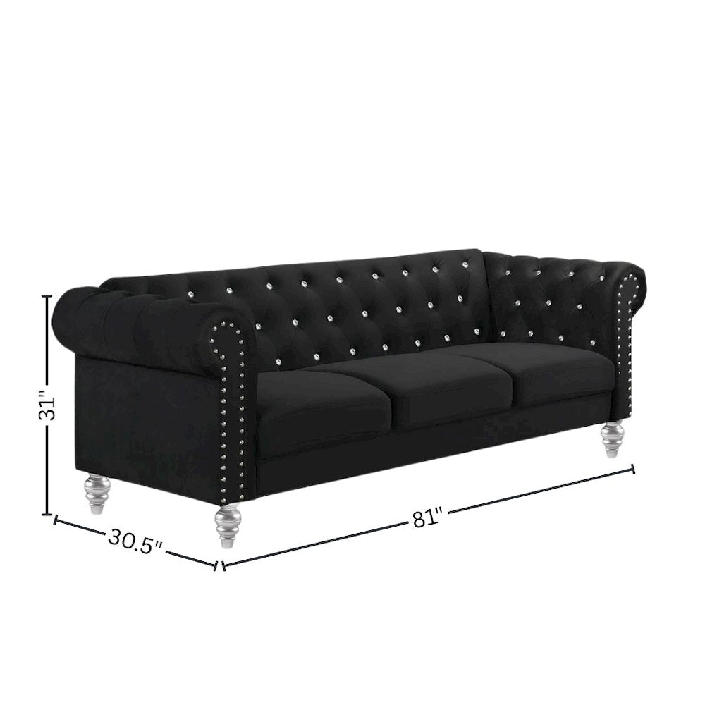 Black Velvet Sofa with Rolled Arms – Elegant Velvet Couch for Living Room
