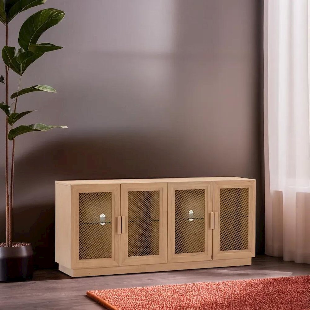 Elegant Blue Media Console Featuring Ash Veneer and Glass Shelving