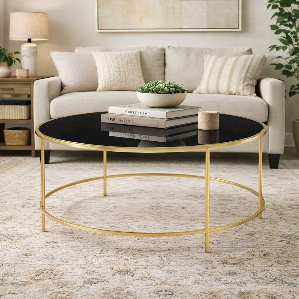 Gold Round Coffee Table with Glass Top Steel Frame Single Piece Modern Design