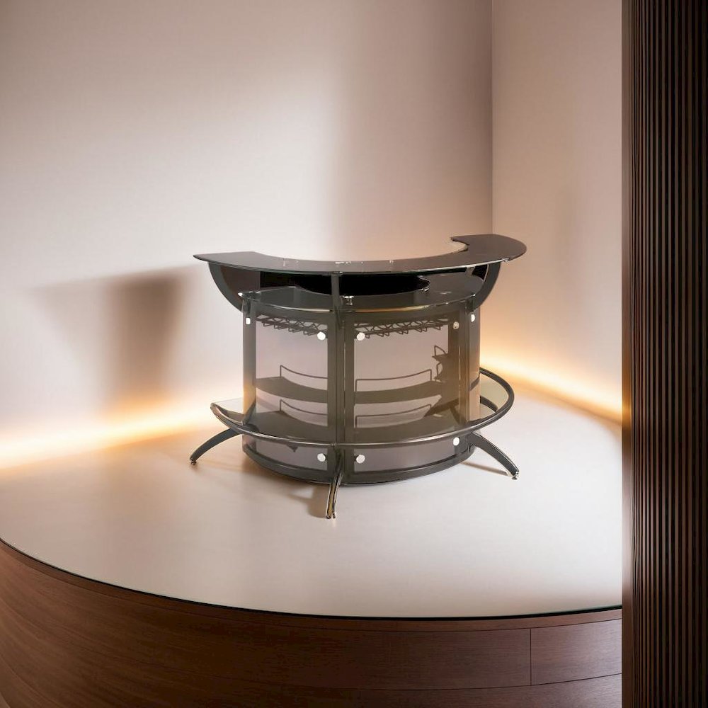 Sleek and Modern Two-Shelf Curved Bar Table in Black with Glass Accents