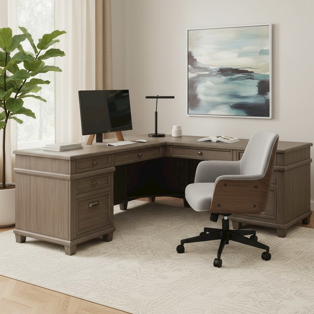 Wood L-Desk & Return, 5 Drawers, 2 File Drawers, Power Center, Gray