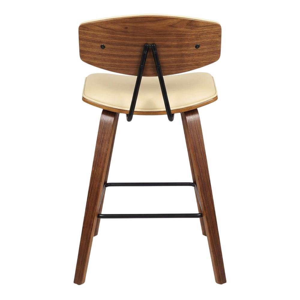Cream Faux Leather Mid-Century Counter Height Barstool with Walnut Wood Finish