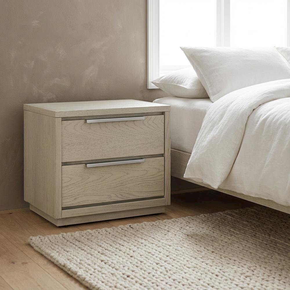 Grey Oak Wooden Nightstand with 2 Drawers for Bedroom Storage