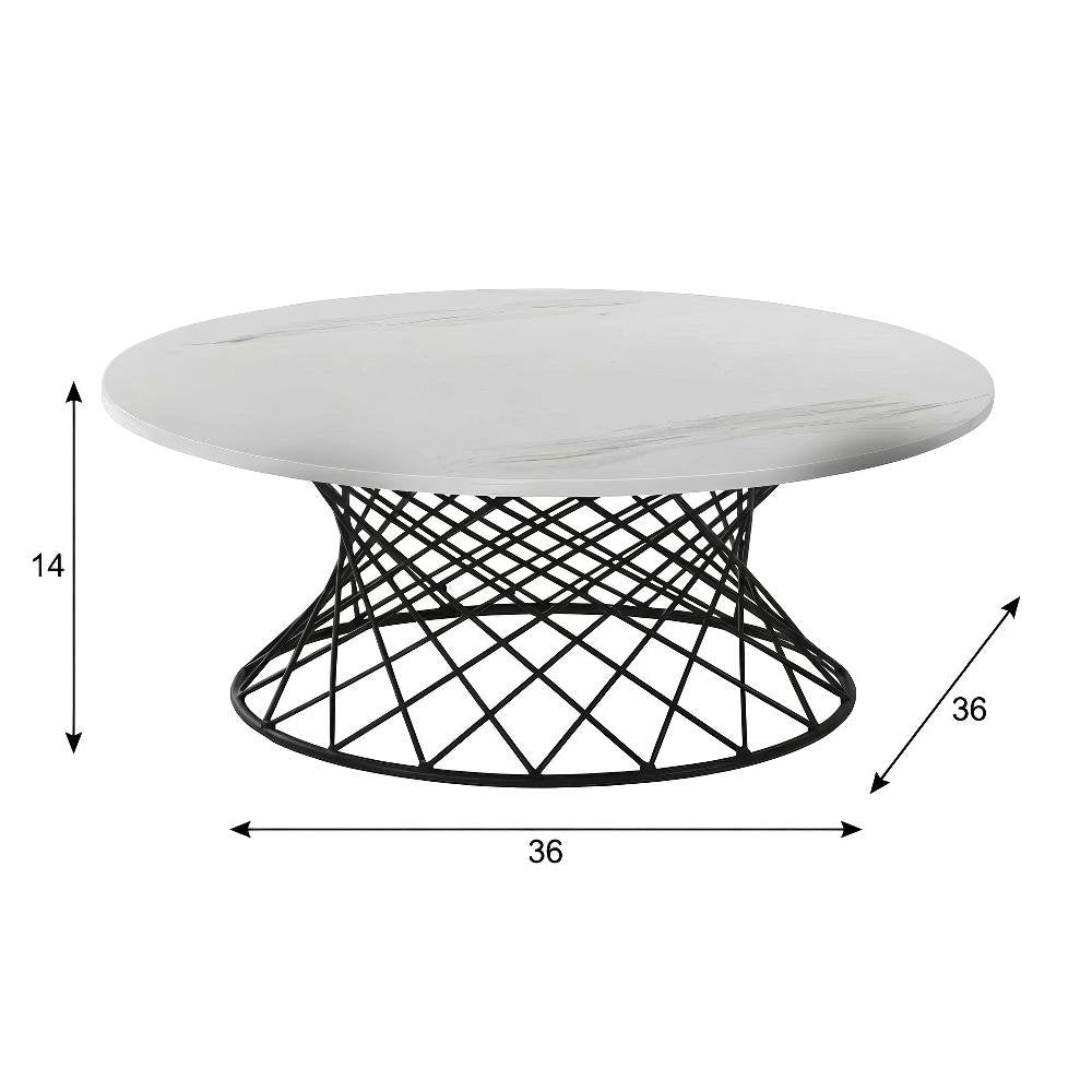 White Marble Coffee Table with Black Metal Base and Durable Frame