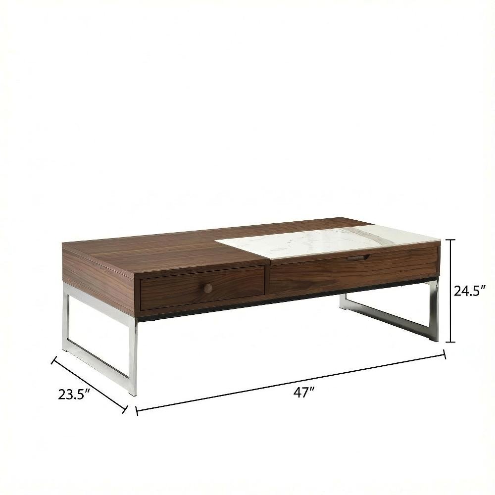 Rectangular Walnut Lift-Top Coffee Table with Sintered Stone Panel and Sled Legs