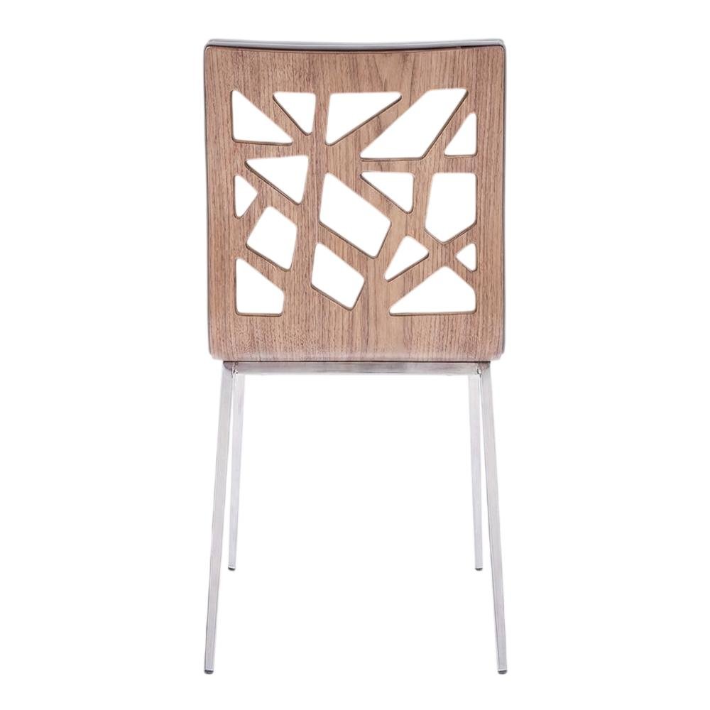Stainless Steel Dining Chairs with Grey Faux Leather and Walnut Back, Set of 2