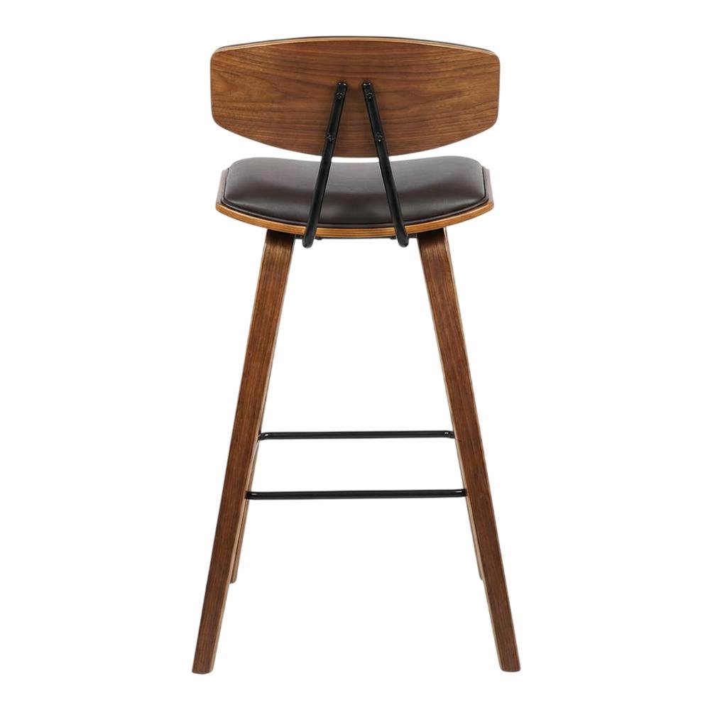 Mid-Century Brown Faux Leather Bar Height Stool with Walnut Wood Frame