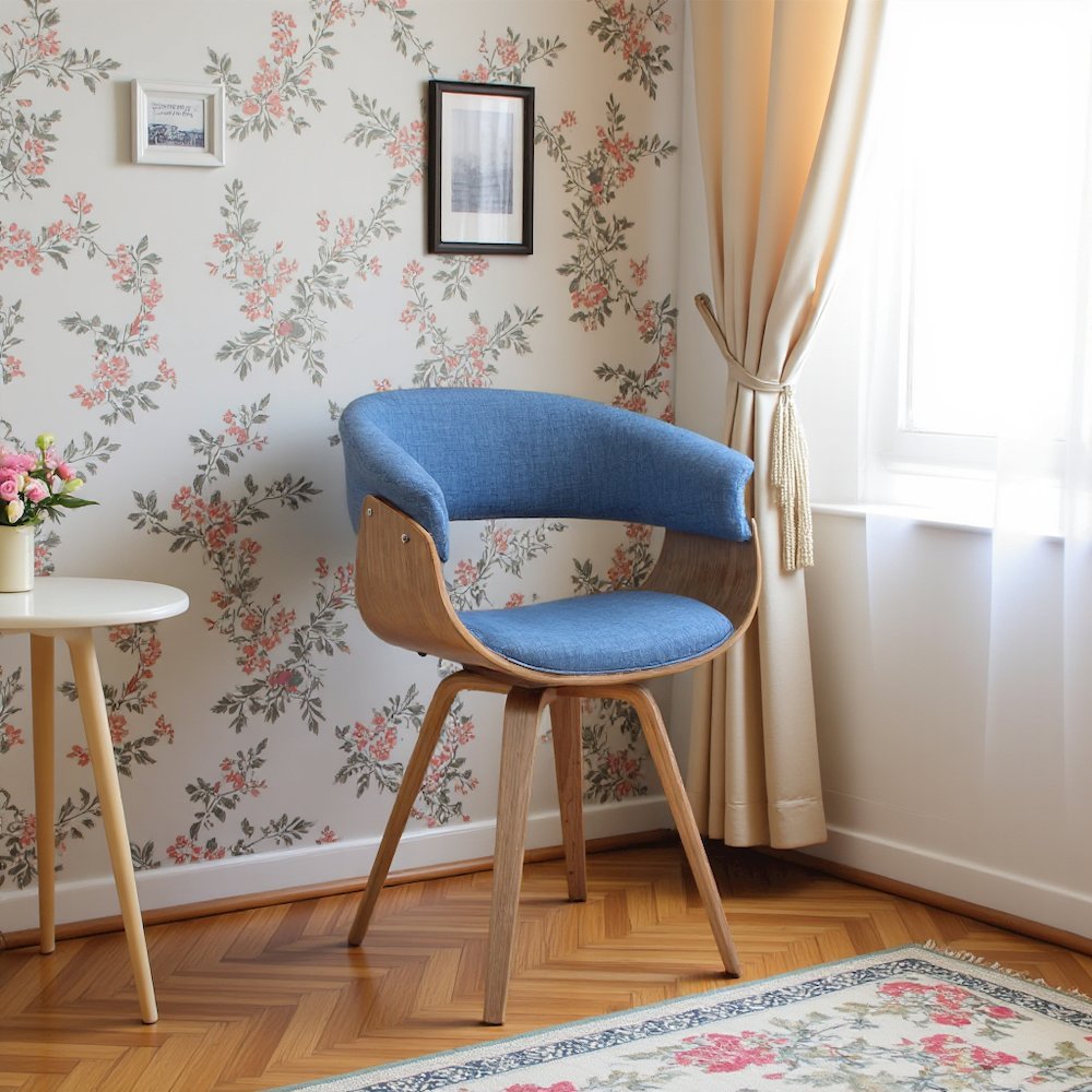 Mid-Century Modern Dining Chair in Blue Fabric with Walnut Wood Frame