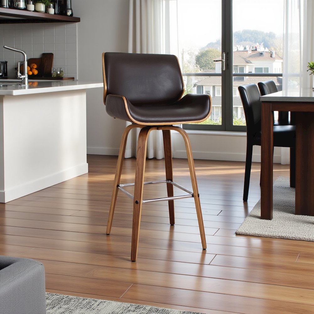 Mid-Century Swivel Bar Stool with Walnut Veneer and Faux Leather Seat