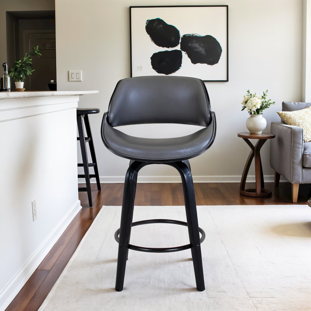 Swivel Counter Bar Stool with Black Brush Wood and Grey Faux Leather