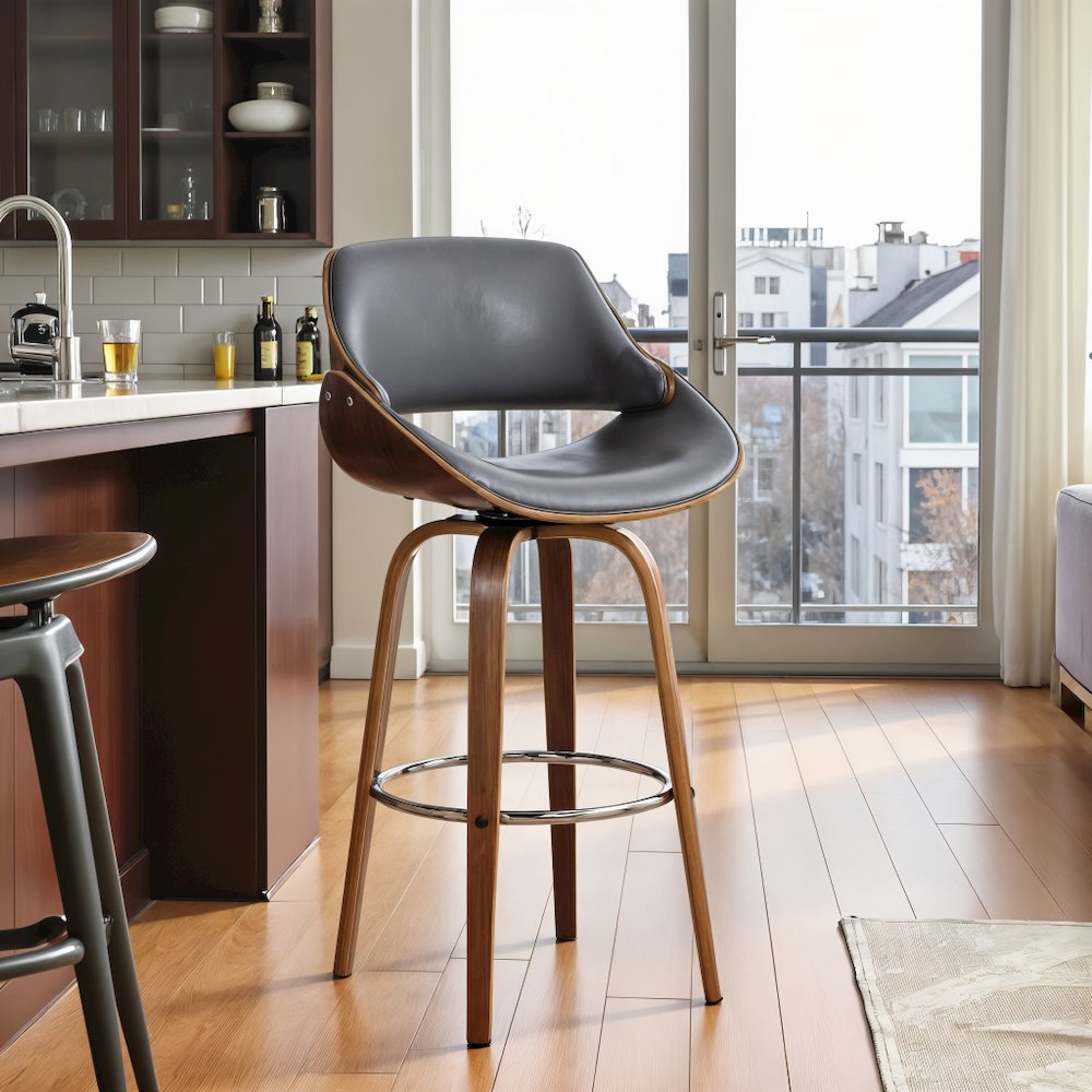 Swivel Counter Bar Stool with Walnut Wood Finish and Grey Faux Leather