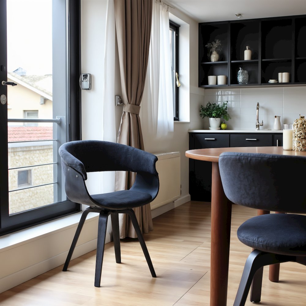 Mid-Century Modern Dining Chair with Black Wood Finish and Charcoal Fabric