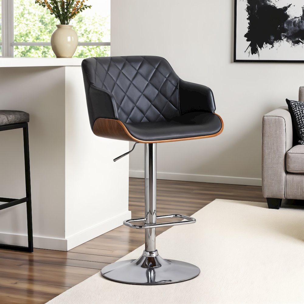 Adjustable Swivel Bar Stool with Grey Faux Leather and Walnut Finish