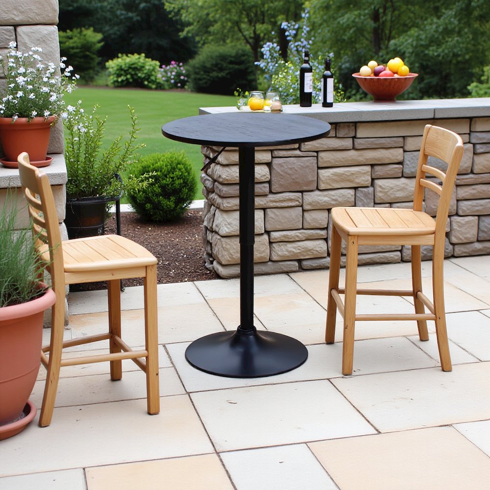 Adjustable Black Pub Table with Brushed Wood Top and Metal Base