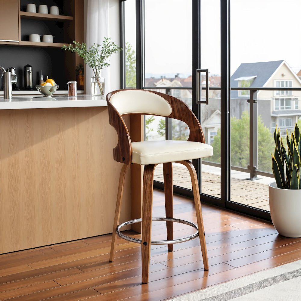 Swivel Counter Bar Stool with Walnut Wood Finish and Cream Faux Leather