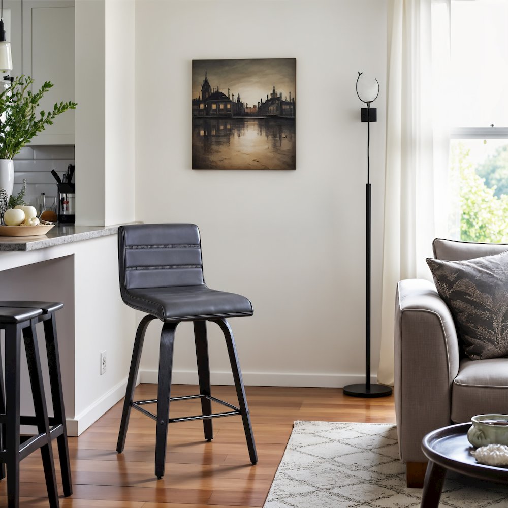 Swivel Counter Stool in Black Brushed Wood with Grey Faux Leather Seat