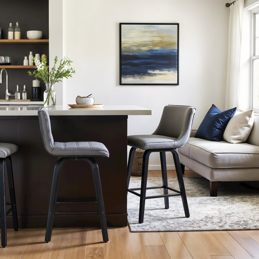 Swivel Counter Stool in Black Brushed Wood with Grey Faux Leather Seat
