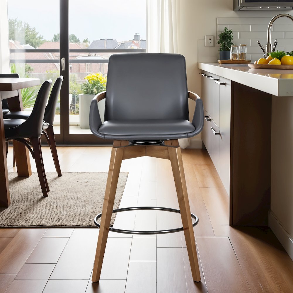 Swivel Counter Stool in Walnut Wood and Faux Leather for Kitchen Use