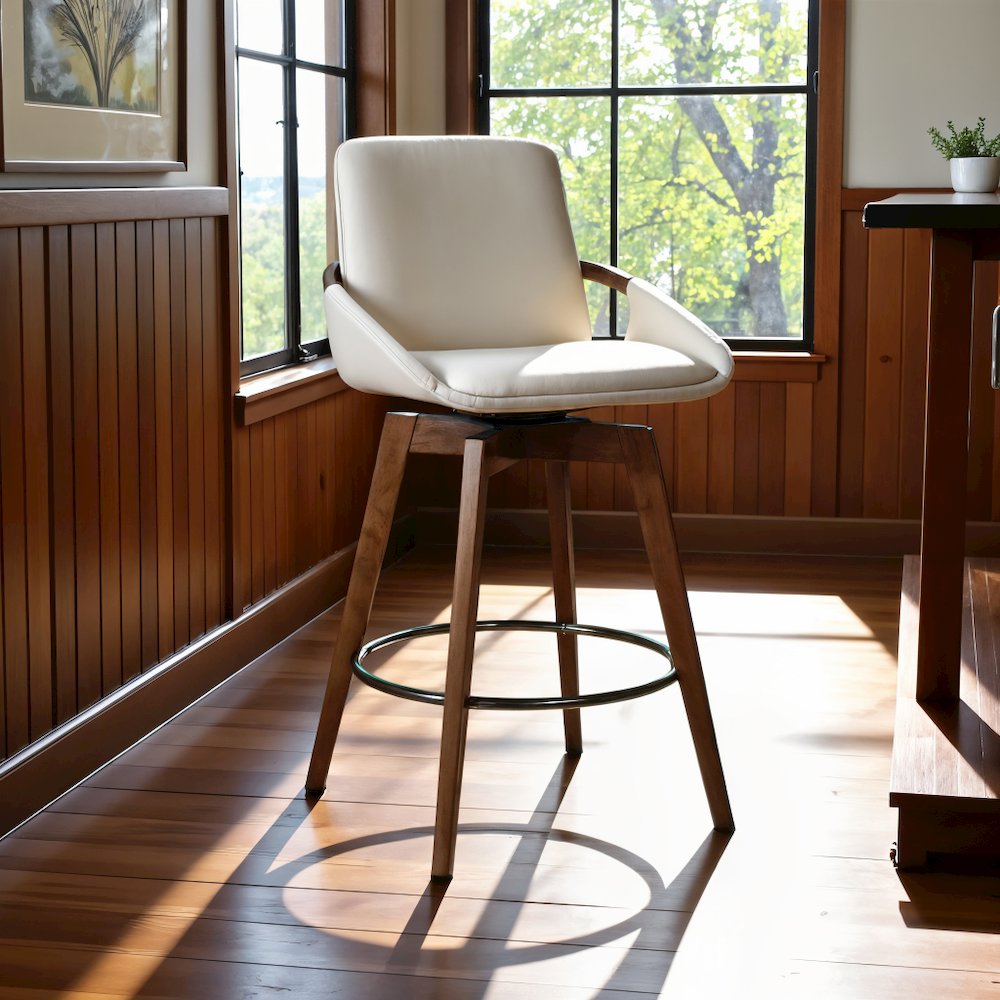 Swivel Counter Stool with Walnut Wood Frame and Faux Leather Seat