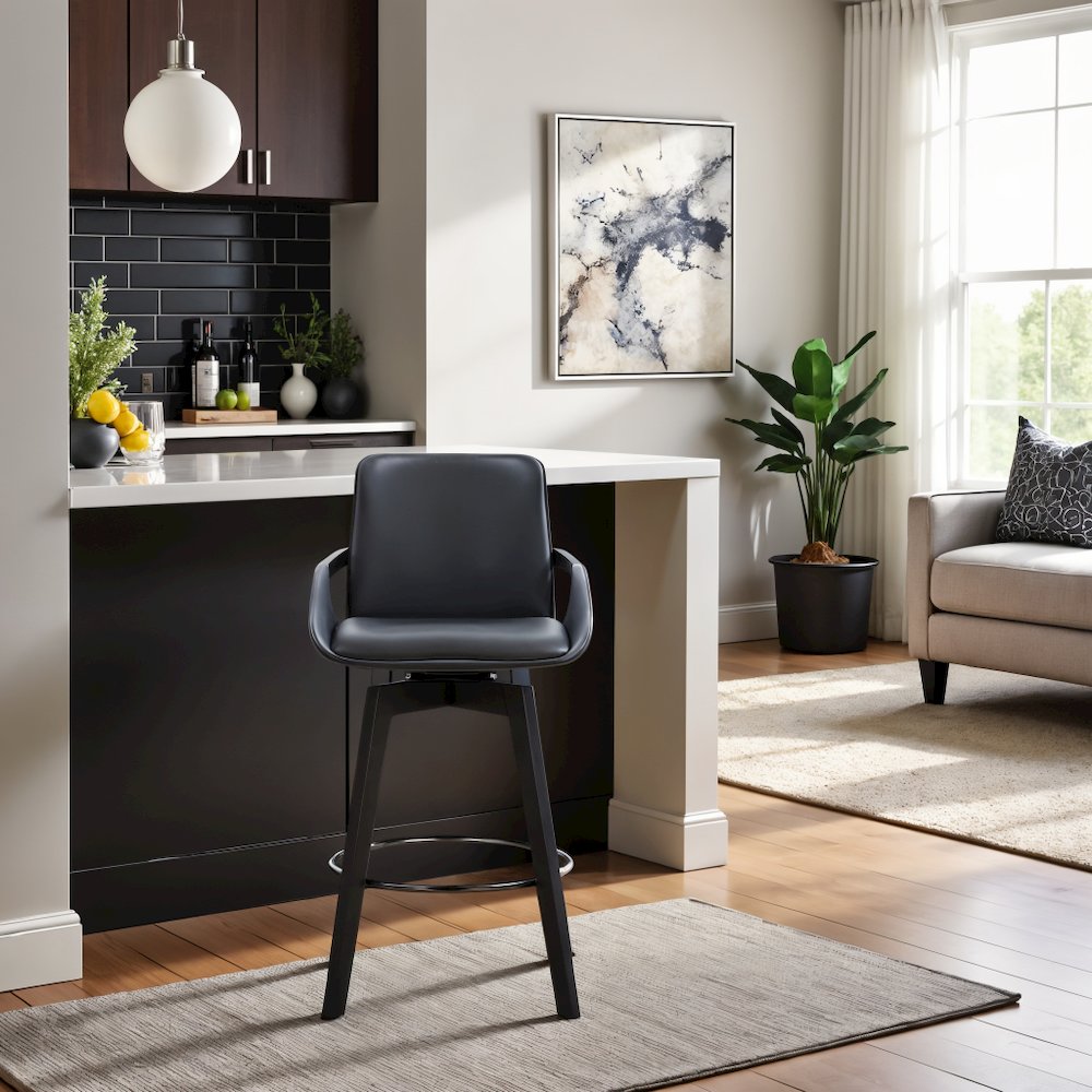 Swivel Wood Bar Chair with Black Faux Leather Seat for Counter Height