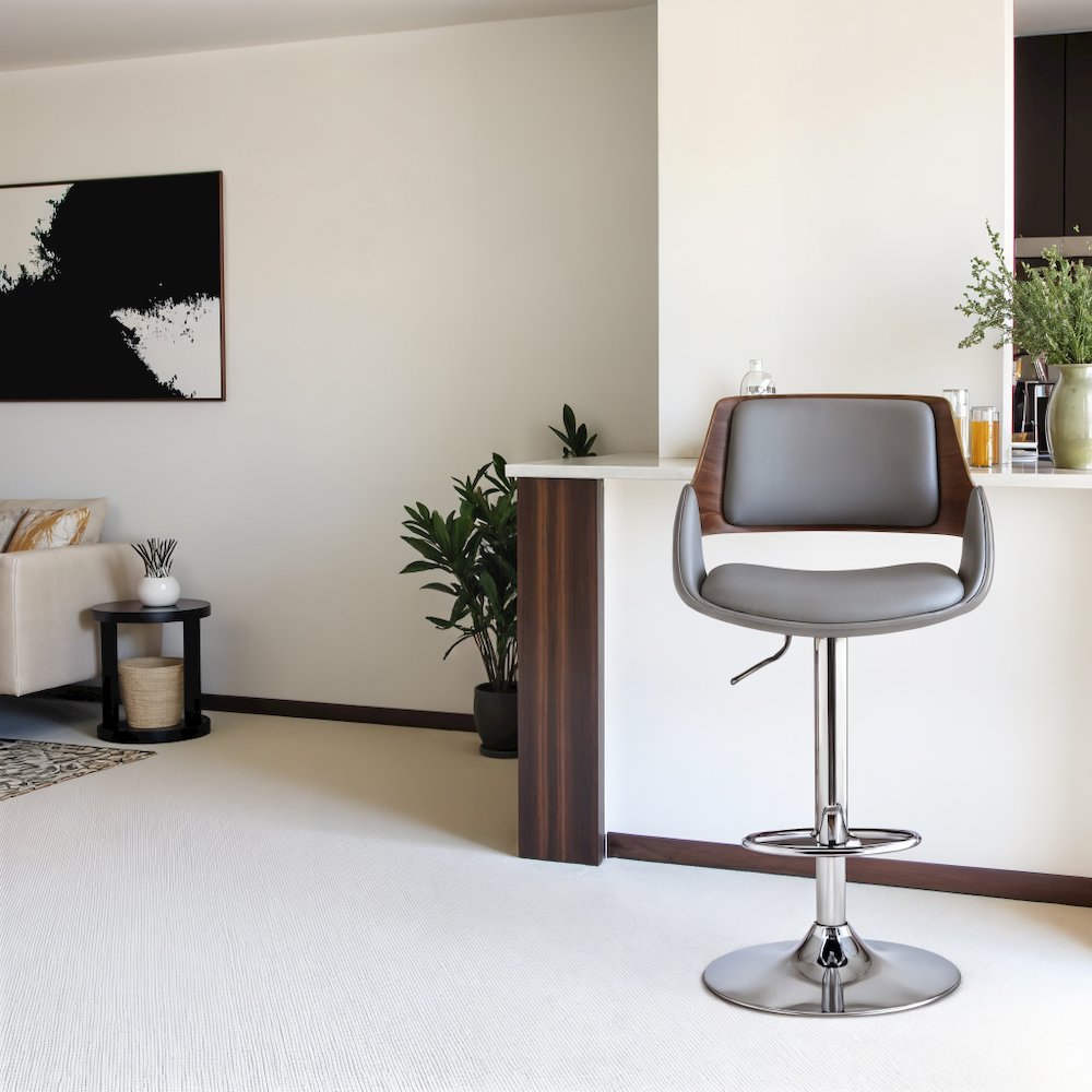 Adjustable Swivel Bar Stool in Gray Faux Leather and Chrome Finish