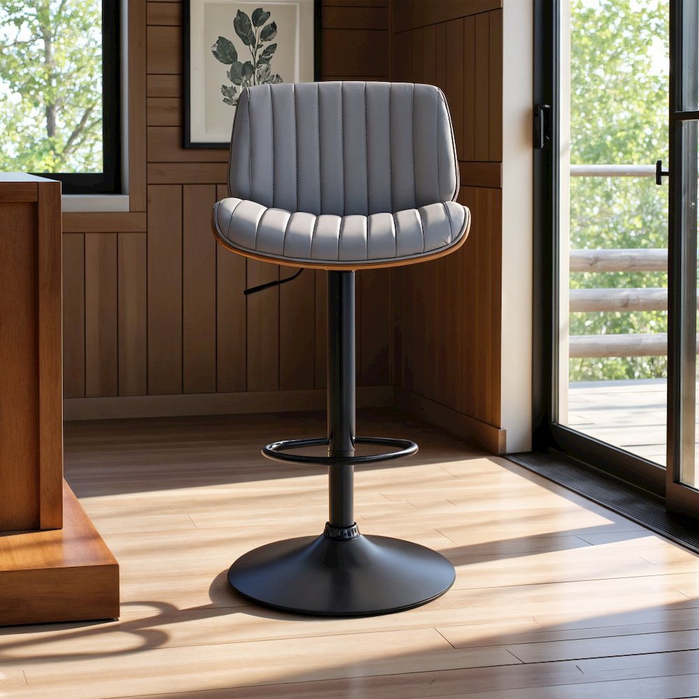 Adjustable Swivel Bar Stool with Gray Faux Leather and Walnut Wood