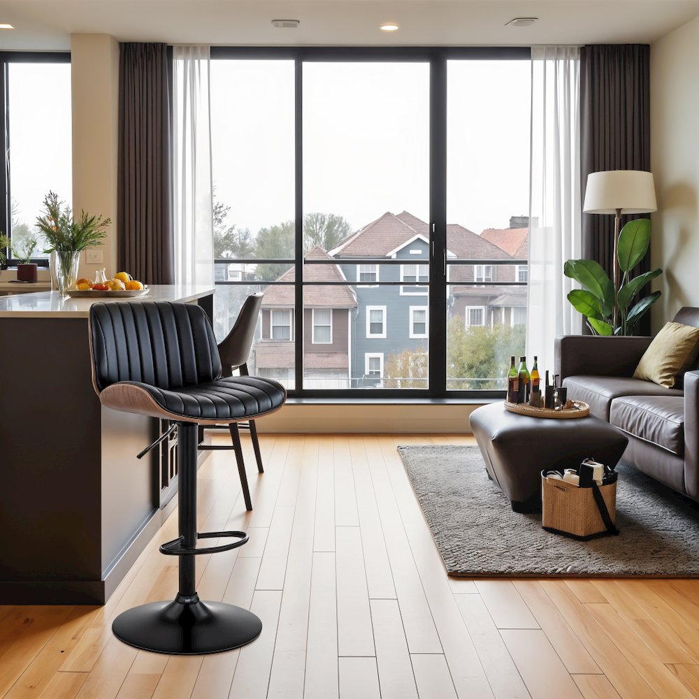 Adjustable Swivel Bar Stool with Black Faux Leather and Walnut Wood Seat