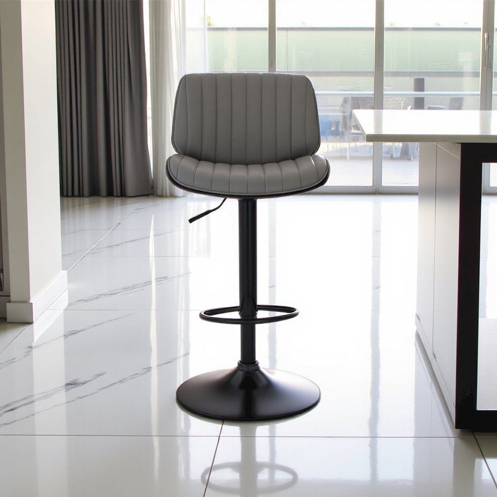 Adjustable Gray Faux Leather Bar Stool with Walnut Wood and Black Base