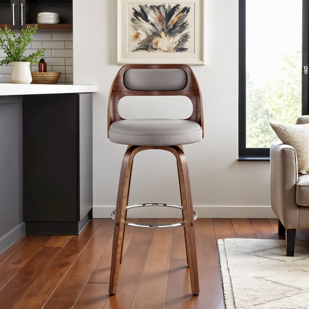 Swivel Bar Stool with Gray Faux Leather Seat and Walnut Wood Finish