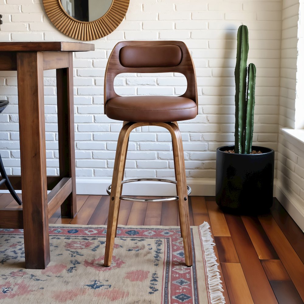 Swivel Bar Stool with Brown Faux Leather Seat and Walnut Wood Frame