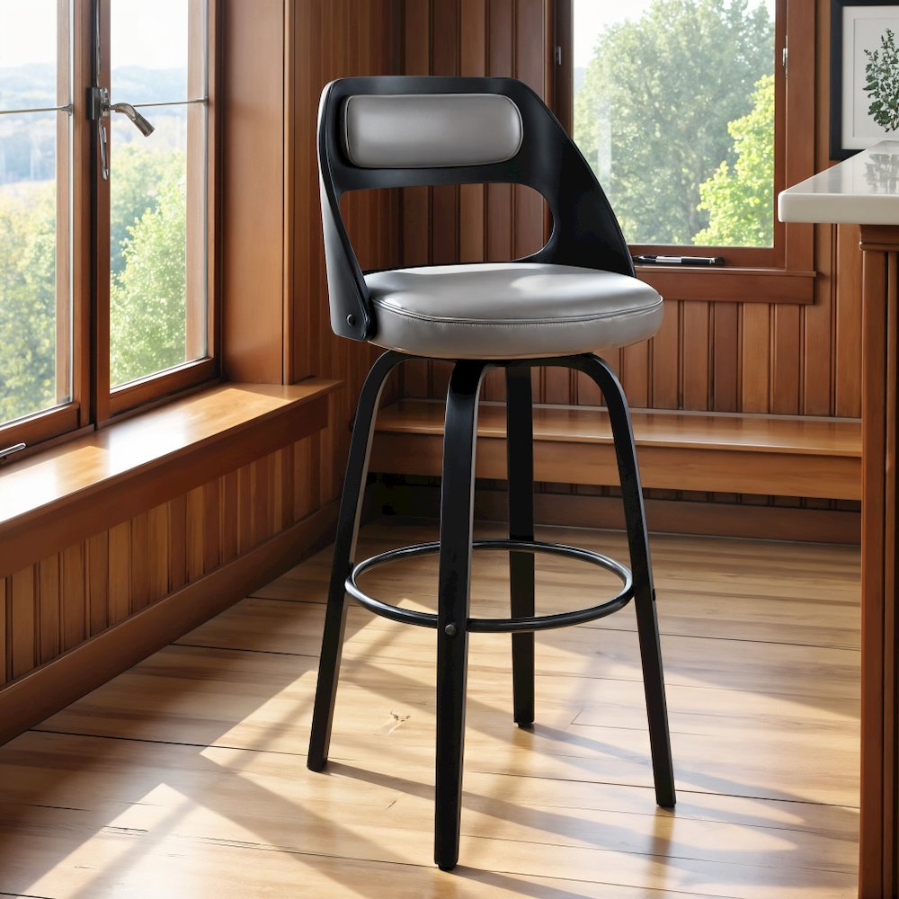 Swivel Bar Stool with Gray Faux Leather Seat and Black Wood Frame