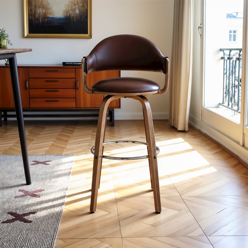 Adjustable Swivel Bar Stool with Walnut Wood and Brown Faux Leather