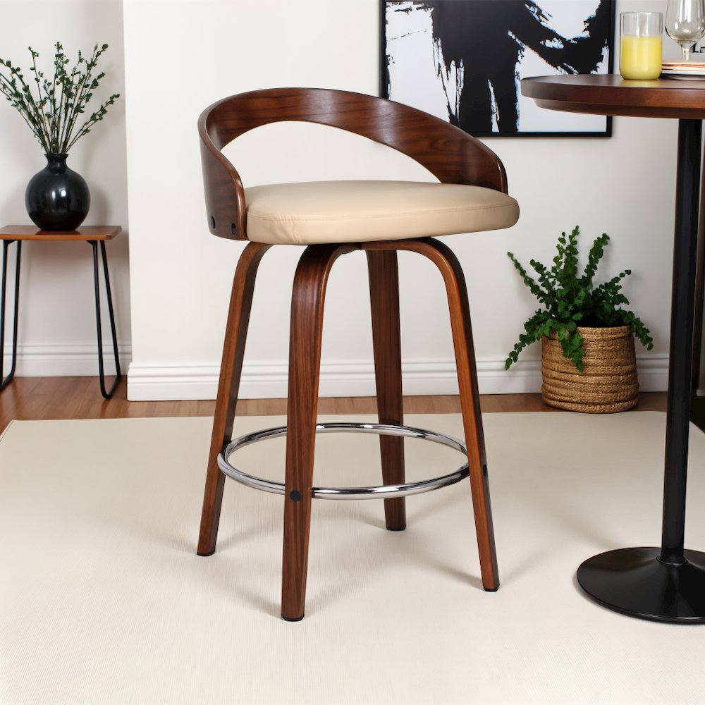 Swivel Counter Bar Stool with Cream Faux Leather and Walnut Wood Frame