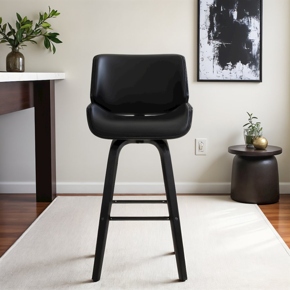Swivel Counter Stool in Grey Faux Leather and Black Wood for Kitchens