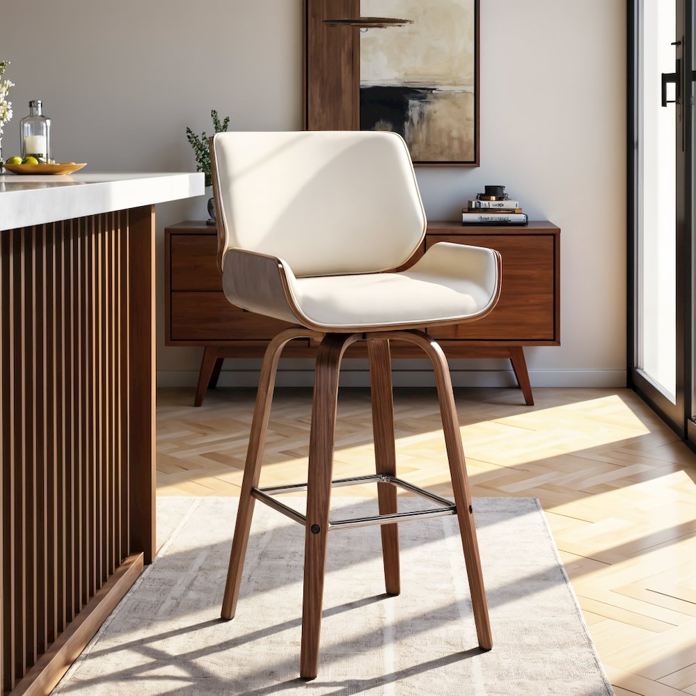 Swivel Bar Stool with Cream Faux Leather and Walnut Wood Finish