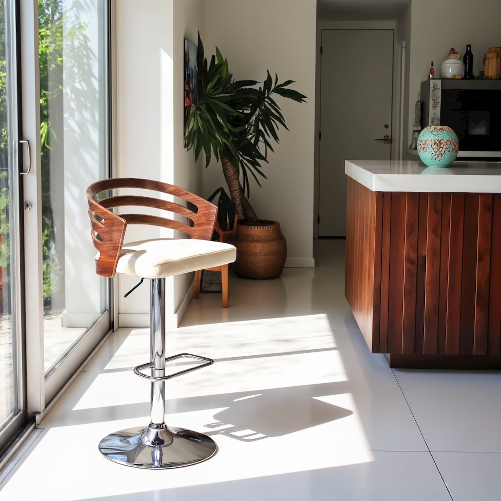 Swivel Bar Stool with Cream Leatherette Seat, Walnut Veneer, and Chrome Base