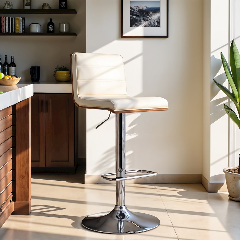 Swivel Bar Stool with Chrome Base, Cream Faux Leather, and Walnut Back