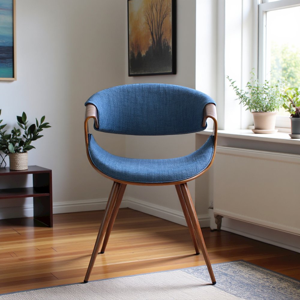 Walnut and Blue Mid Century Modern Dining Chair with Fabric Upholstery