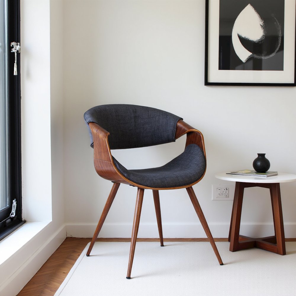 Mid-Century Modern Dining Chair in Walnut Wood and Charcoal Fabric