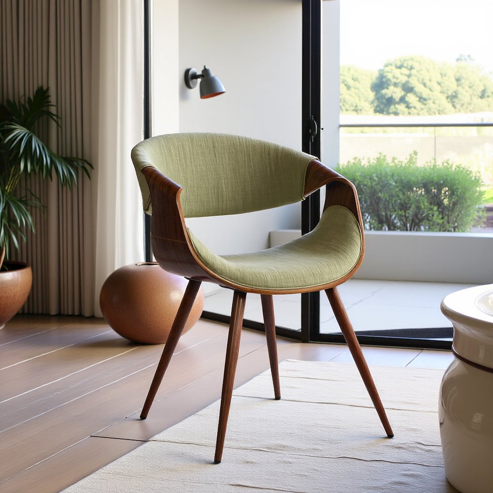 Mid-Century Dining Chair in Walnut Finish with Green Fabric Upholstery