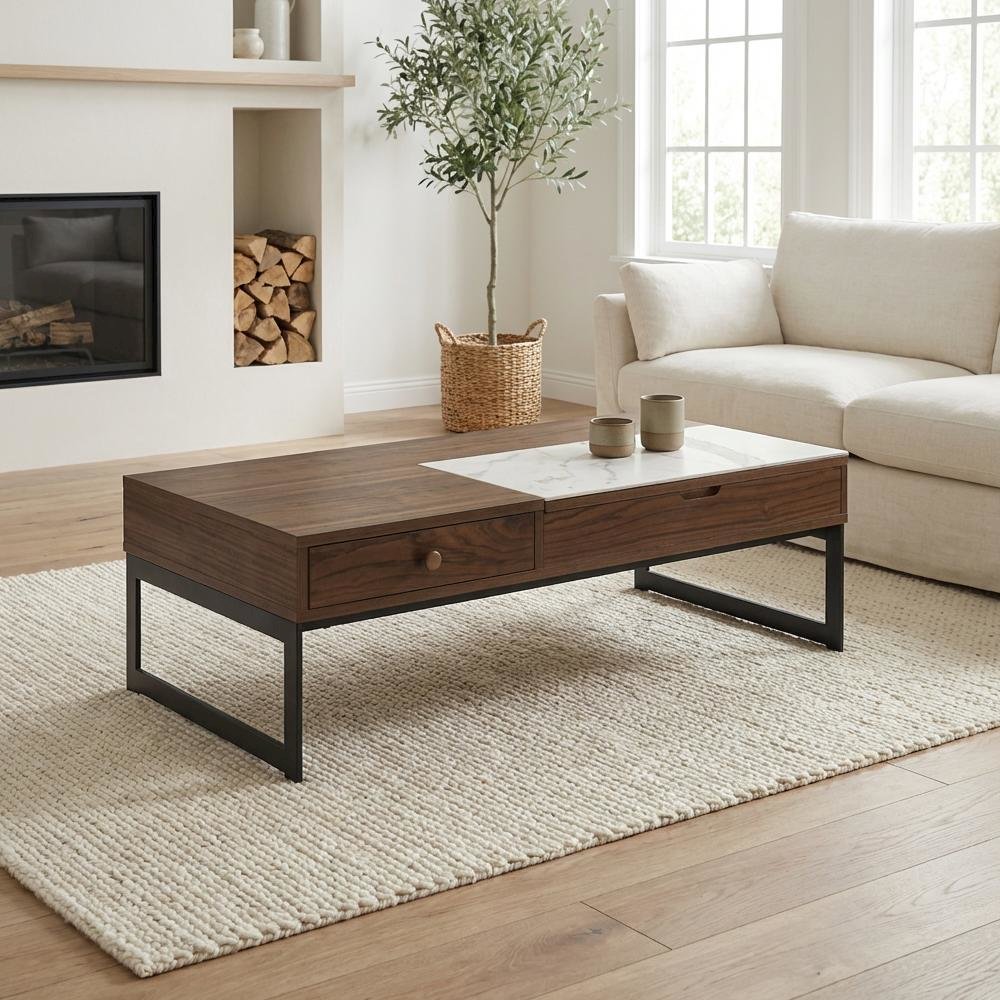 Rectangular Walnut Lift-Top Coffee Table with Sintered Stone Panel