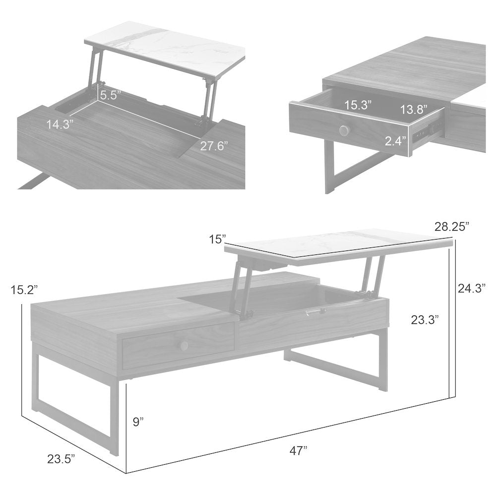 Rectangular Lift-Top Coffee Table in Walnut Finish with Sintered Stone Panel