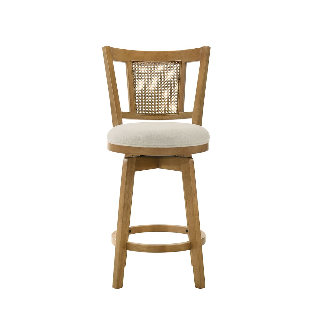 30 in. Amber Glow Bar Height Rubberwood Swivel Barstool with Ivory Fabric Seat
