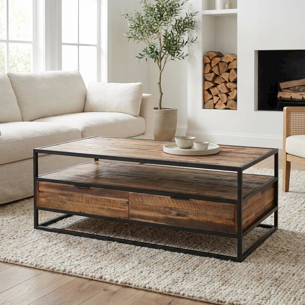 Rectangle Coffee Table in Rustic Acacia with Black Metal Frame and Storage Shelf