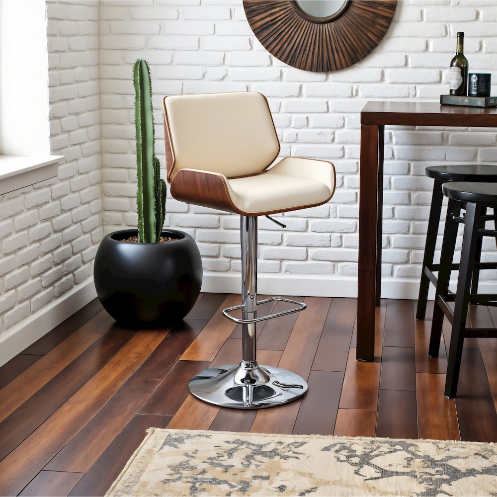 Adjustable Cream Swivel Bar Stool with Walnut Veneer and Chrome Base