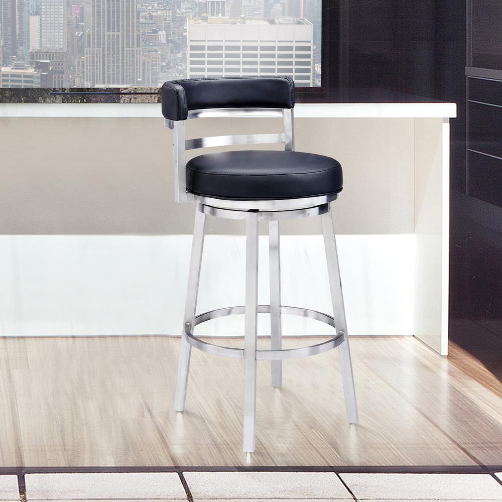 Contemporary 26" Counter Height Barstool in Brushed Stainless Steel Finish Black Faux Leather
