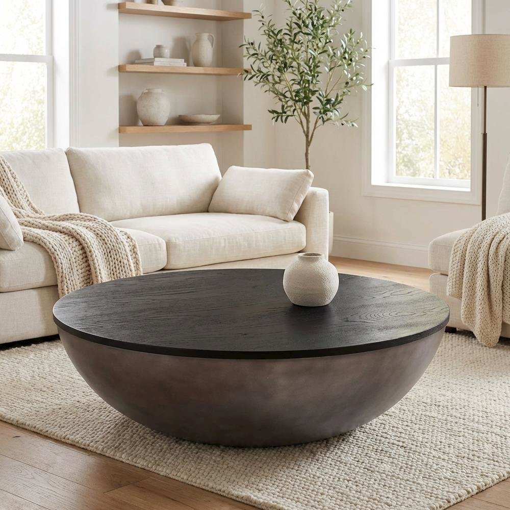 Round Concrete Coffee Table with Black Brushed Oak Top and Durable Oak Base