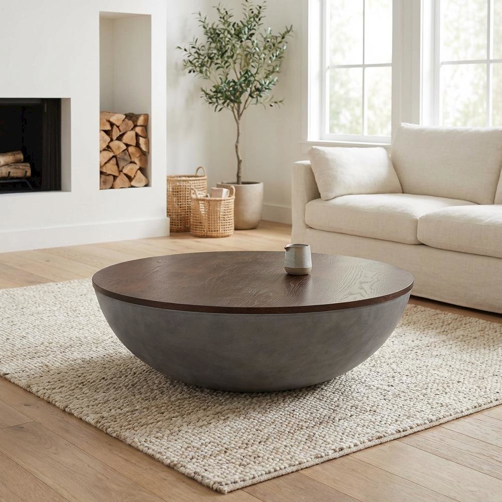 Concrete Round Coffee Table with Brown Brushed Oak Top and Sturdy Wood Base